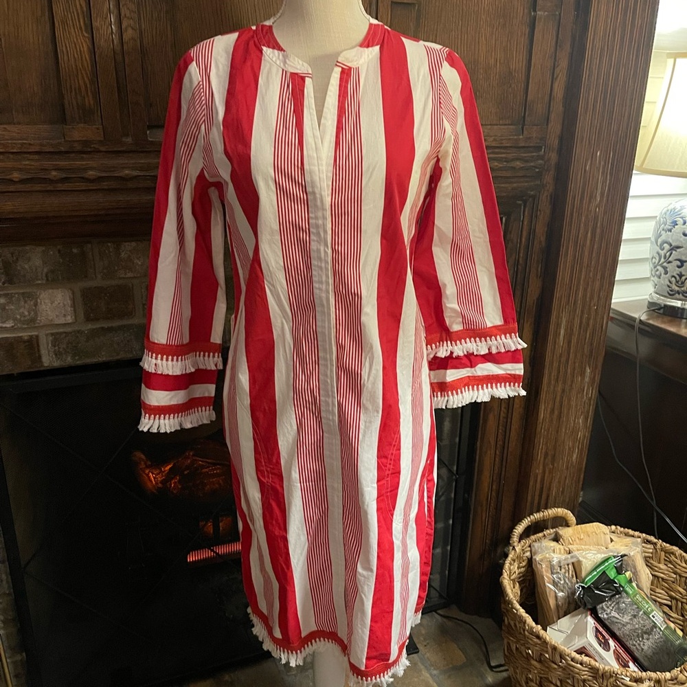 J.CREW Cotton Poplin Tunic Dress Red White Striped Fringe Trim Pockets